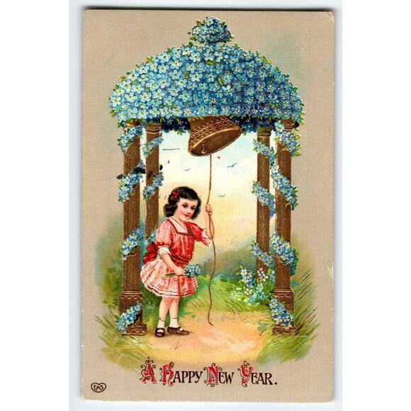 New Years Postcard Girl Ring Bell Gazebo Forget Me Not Flowers Gel EAS Germany - Picture 1 of 2